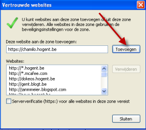 Klik op de tab beveiliging. Selecteer Vertrouwde websites en klik vervolgens op Websites om Chamilo toe te voegen: 14.2.