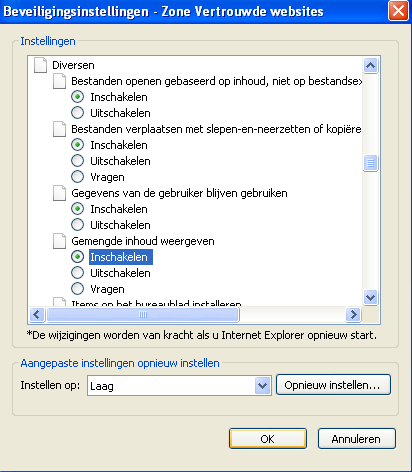 Klik op het tabblad Beveiliging en klik onderaan op de knop Aangepast niveau In de lijst met Instellingen die nu wordt weergegeven, scroll je een stuk naar beneden tot je de tekst Gemengde inhoud