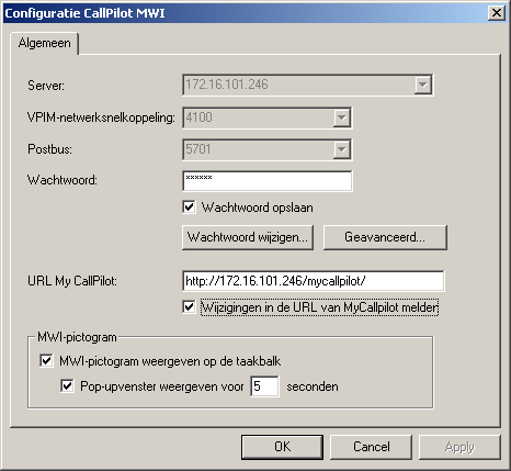 Het pictogram voor nieuwe berichten configureren Het pictogram voor nieuwe berichten configureren Met het dialoogvenster Configuratie CallPilot MWI kunt u: het pictogram voor nieuwe berichten