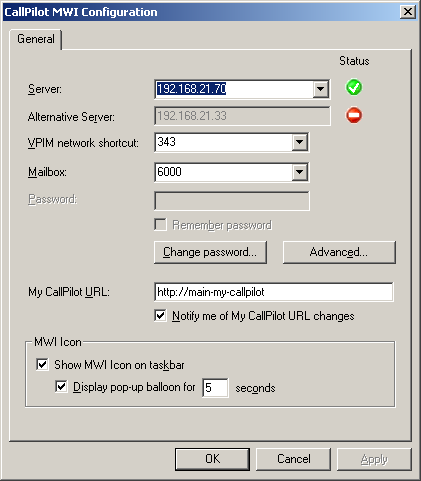 Desktop Messaging voor Novell GroupWise gebruiken Opmerking: De eerste vier vakken (Server, Andere server, VPIM-netwerksnelkoppeling en Postbus) zijn alleen ter informatie en worden grijs weergegeven.