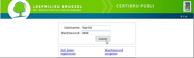 II. CONNECTIE EN LOGIN 1. EERSTE CONNECTIE TOT DE SOFTWARE Open uw Internet-browser op het volgende adres: http://certipubli.leefmilieubrussel.