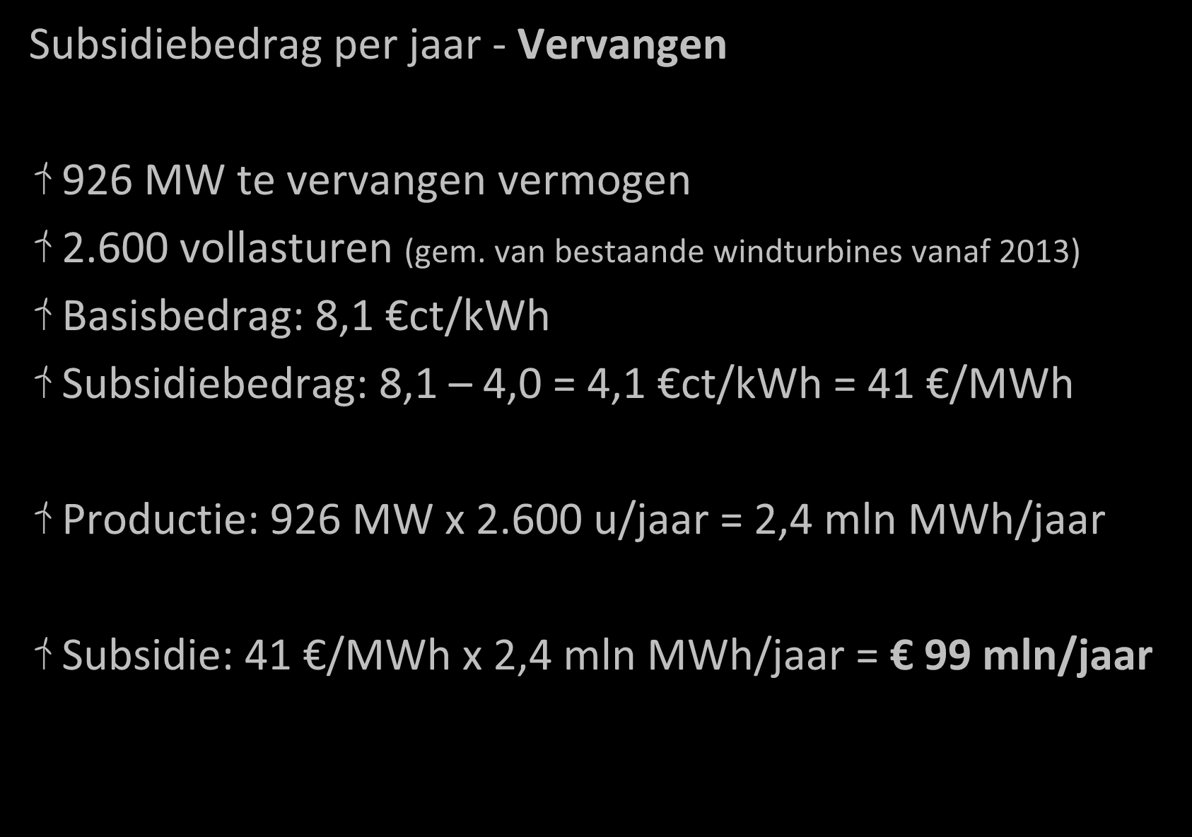 Inleiding Onderzoek Resultaten Discussie Subsidiebedrag per jaar - Vervangen 926 MW te vervangen vermogen 2.600 vollasturen (gem.