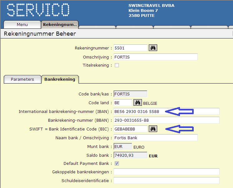 Code bank/kas: Code land: IBAN: BBAN: SWIFT: Naam bank/omschrijving: Munt bank: Saldo bank: Default Payment Bank: Gekoppelde bankrekeningen: Schuldeisersidentificatie: code waarmee een link gelegd