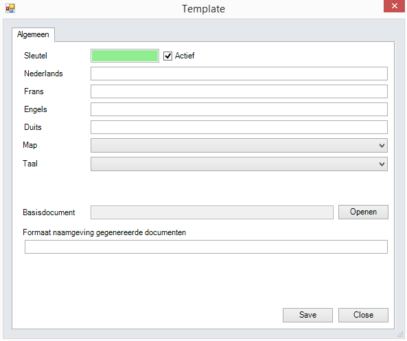 Geef een sleutel in en benoem de template. Kies ook een Map en Taal. Basis document: Selecteer een bestaand word document die u als basis wenst te gebruiken voor deze template.