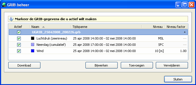 11. Grib files weersvoorspelling Grib files zijn bestanden met meteorologische gegevens van een geselecteerd gebied op aarde. In versie 4.