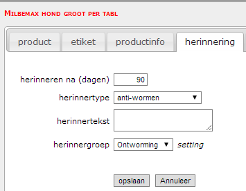 1.2 Stap 2: herinnering(en) koppelen aan een product Door aan een product een herinnering te koppelen, wordt er wanneer het product aan een patient voorgeschreven wordt, automatisch een herinnering