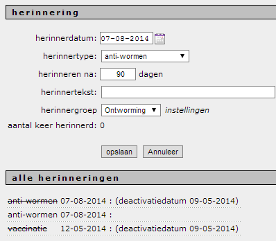 het patiëntdossier staat, uit dezelfde groep (bijvoorbeeld beiden uit de groep 'ontworming', dan wordt de oude herinnering automatisch van de kaart verwijderd.