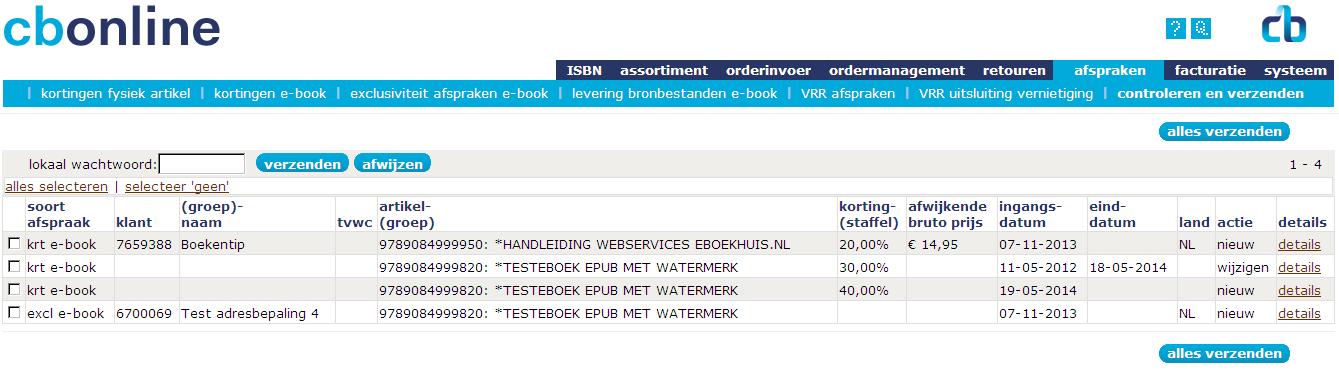 15.4. Subtabblad controleren en verzenden Uw gemaakte afspraken worden opgeslagen in het controleren en verzenden tabblad. In dit scherm zitten ook uw gemaakte afspraken voor fysieke boeken.