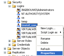 6. Maak de in de vorige stap aangemaakte timetell_user login de Owner van de database. 7.