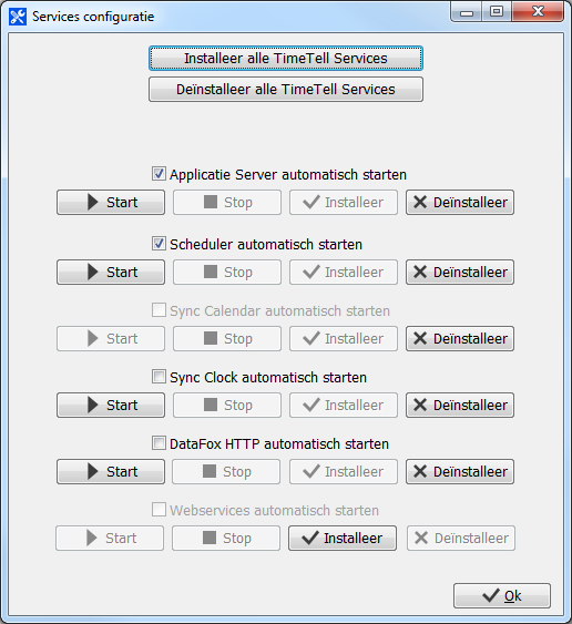 3.3.5. Configuratie services TimeTell heeft een aantal services die u kunt configureren. 1. Start de Timetell Administrator via het Windows opstart menu. 2.