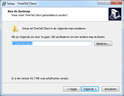 3.4. Setup TimeTell windows client U kunt bij de installatie ervoor kiezen om TimeTell op een centrale plek op de fileserver te installeren.