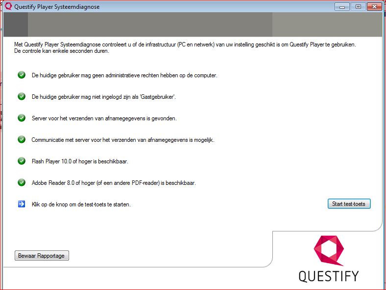 Klik op Start Systeemdiagnose om de TestPlayer Systeemdiagnose te starten.