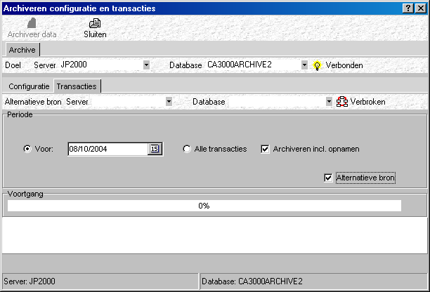 Met behulp van dit scherm kunnen transacties van de ene naar de andere database worden gezet of kunnen verschillende archiveringsdatabases samengevoegd worden.