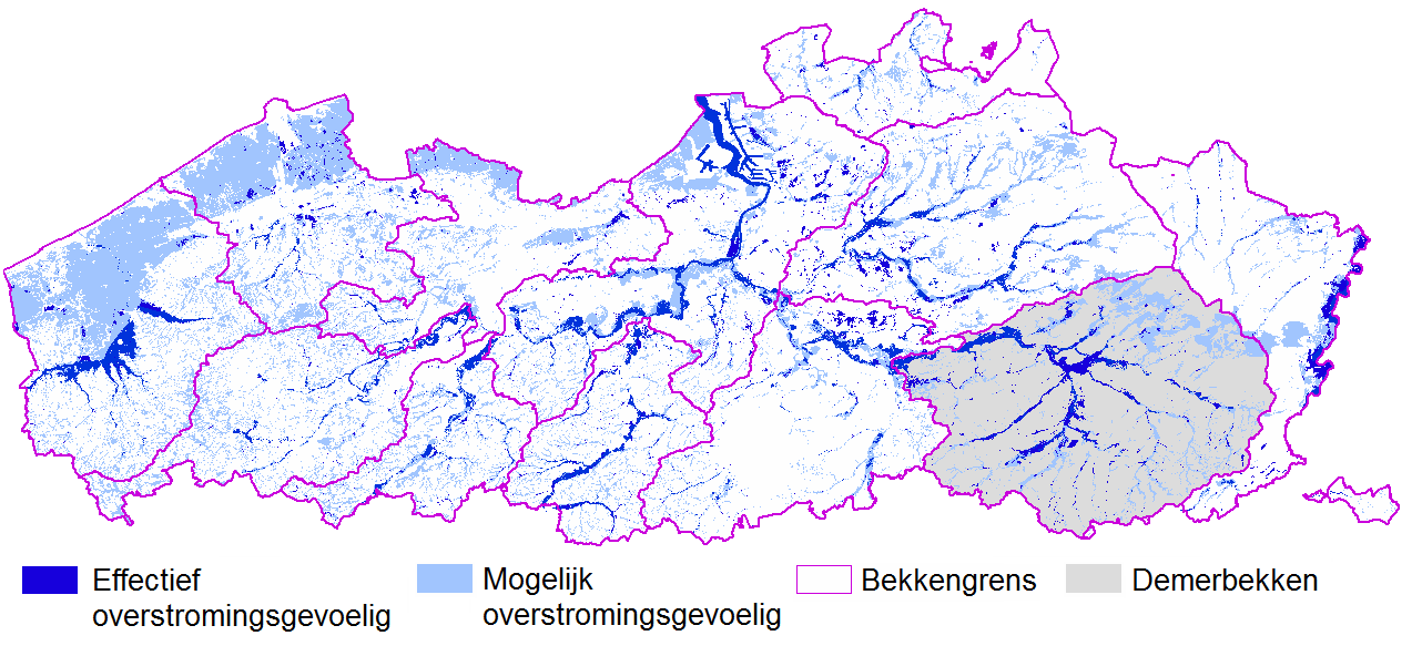 1. INLEIDING TOT DE PROBLEMATIEK EN DOELSTELLINGEN Figuur 1.1: De effectief en mogelijk overstromingsgevoelige gebieden voor het Vlaamse Gewest in 2005.