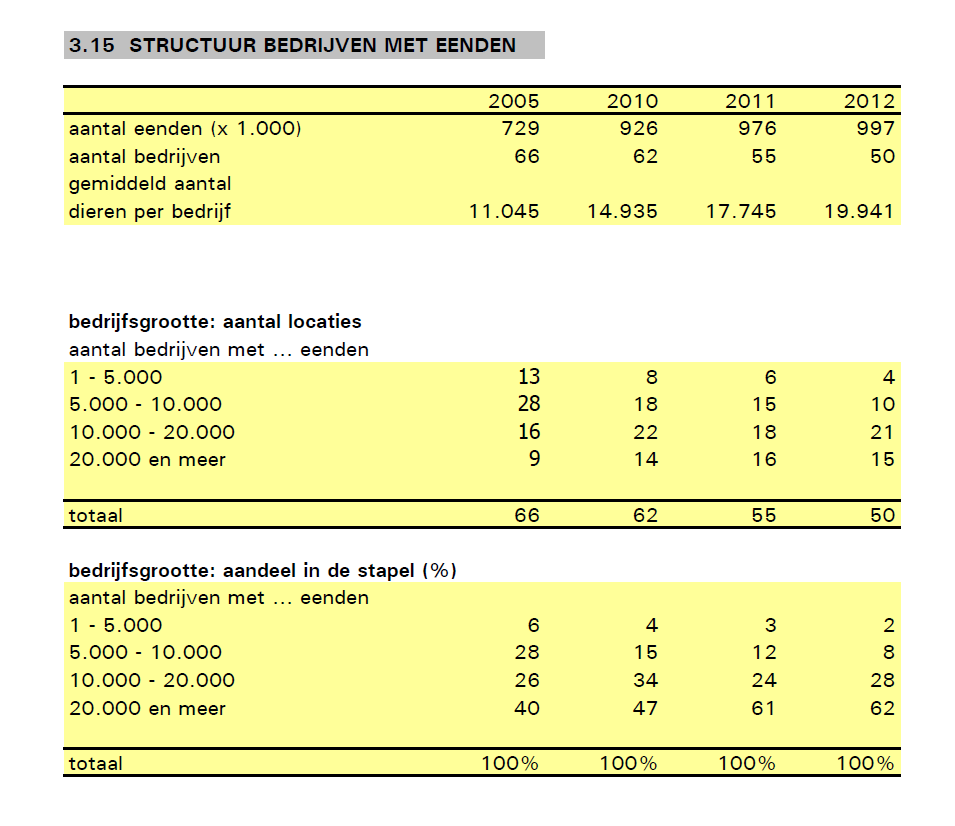 5 Eenden Structuur bedrijven Uit onderstaande tabel blijkt dat de jaarlijkse productie van vleeseenden groeit, dat het aantal bedrijven afneemt, en dat de bedrijfsgrootte toeneemt.
