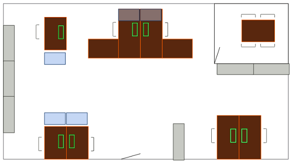 * 4 m² : basiswerkplek (stoel en circulatie) * + 1m² : werkvlak met flatscreen * + 1m² : lees- en schrijfvlak * + 1m² : vrijstaande kast * + 1 m² : deur in ruimte * + 0,5 m² : vrijstaande ladenblok *