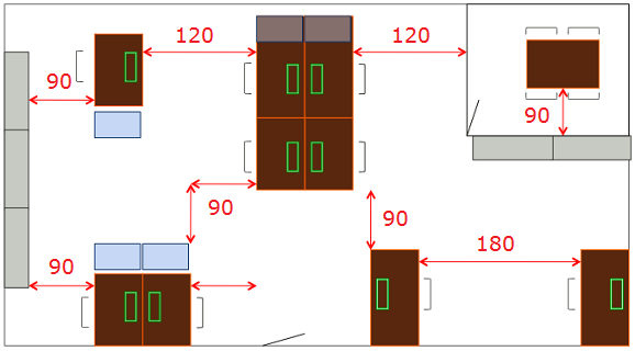 * 2 x 1 m² schrijfvlak * 3 x 0,5 m² vrijstaande ladeblokken (blauw) * 6 x 1 m² vrijstaande kasten