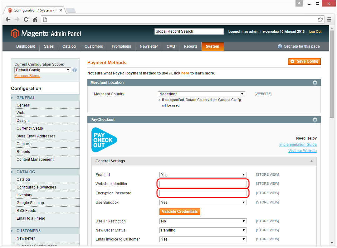 Magento module Om de PayCheckout Magento module te koppelen aan je webshop hoef je enkel de Webshop Identifier en het Encryption Password in de betreffende velden te plaatsen.