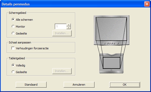 Als u op de knop DETAILS PENMODUS... klikt, wordt het dialoogvenster DETAILS PENMODUS weergegeven. Met de opties van het vak SCHERMGEBIED bepaalt u het gebied waarop het tablet wordt geprojecteerd.