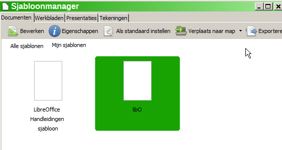 U stelt een gebruikergedefinieerd sjabloon als volgt in als standaardsjabloon: 1) Kies Bestand > Nieuw > Sjablonen in de Menubalk.