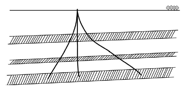 Figuur 4. Verschillene configuraties voor productie- en injectieputten (Hamelinck et al., 2002) Figuur 5. Gedevieerd boren om vanuit één locatie meerdere punten in de steenkoollaag te bereiken.