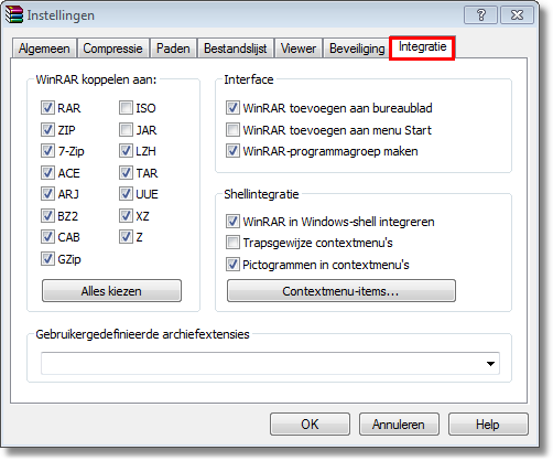 136 WinRAR 5.31nl WinRAR koppelen met: (RAR, ZIP, CAB, ARJ, LZH, enz.) Hier kunt u instellen voor welke archiefformaten WinRAR als standaardviewer moet ingesteld worden.