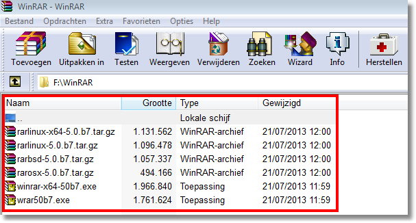 34 WinRAR 5.31nl Het linkerdeel van het WinRAR-venster kan de boomweergave bevatten indien deze is ingeschakeld in het submenu "Boomweergave" van Opties.