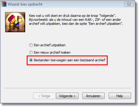 40 WinRAR 5.31nl Als u bestanden wilt toevoegen aan een bestaand archief in plaats van een nieuw archief maken, kiest u de optie "Bestanden toevoegen aan een bestaand archief".