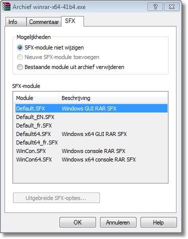 WinRAR interface 53 4.4.15 Archief omzetten naar SFX Deze opdracht is zowel beschikbaar in bestandsbeheer- als in archiefbeheerstand. Het zet een archief om naar een zelfuitpakkend archief.