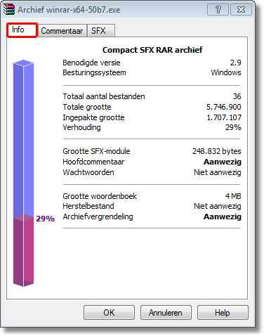 WinRAR interface 57 archiefnaam (in de titelbalk van het dialoogvenster); archieftype (compact, SFX, volume) en -indeling (RAR, ZIP, CAB, ARJ, LZH, etc.). Al deze parameters worden weergegeven in de bovenkant van het venster; voor RARvolumes die zijn gemaakt met WinRAR 3.