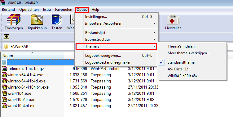 WinRAR interface 67 Het submenu "Bestandslijst" bevat twee groepen opties.