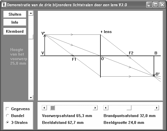 3.3 c Lenzenformule (simulatie) www.natuurkundecompact.nl 1 1 1 Doel Controle an: a. (lenzenformule) f BB'. N def (definitie ergroting) N (ergrotingsformule) VV ' Methode memers.home.
