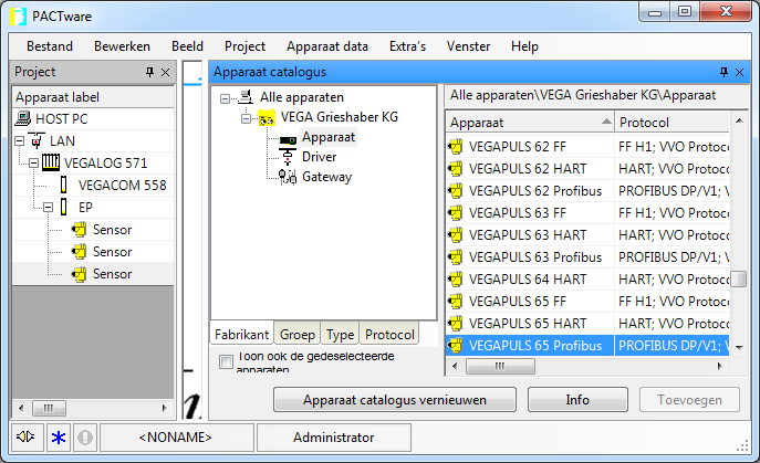 5 Bediening 3. Vervolgens moeten de DTM's voor de afzonderlijke VEGA- LOG-insteekkaarten in de projectboom worden ingevoegd. In dit voorbeeld zijn dit: VEGALOG CPU, VEGACOM 558, VEGALOG 571 EP. 4.