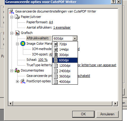 In het menu eigenschappen, gebruik je de knop geavanceerd Hier staat de afdrukkwaliteit standaard op 600 dpi. Dit kun je verkleinen, waardoor het bestand ook kleiner wordt.