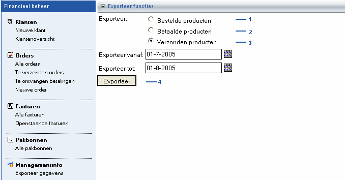 Wanneer onder het onderdeel Managementinfo op Exporteer gegevens klikt dan verschijnt het volgende scherm: fig. 50 Exporteergegevens 1.