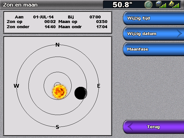 Almanak-, omgevings- en bootgegevens Zon- en maanstanden Het scherm Zon en maan bevat informatie over de zonsopgang en zonsondergang, de op- en ondergang van de maan, de maanfase en een benadering