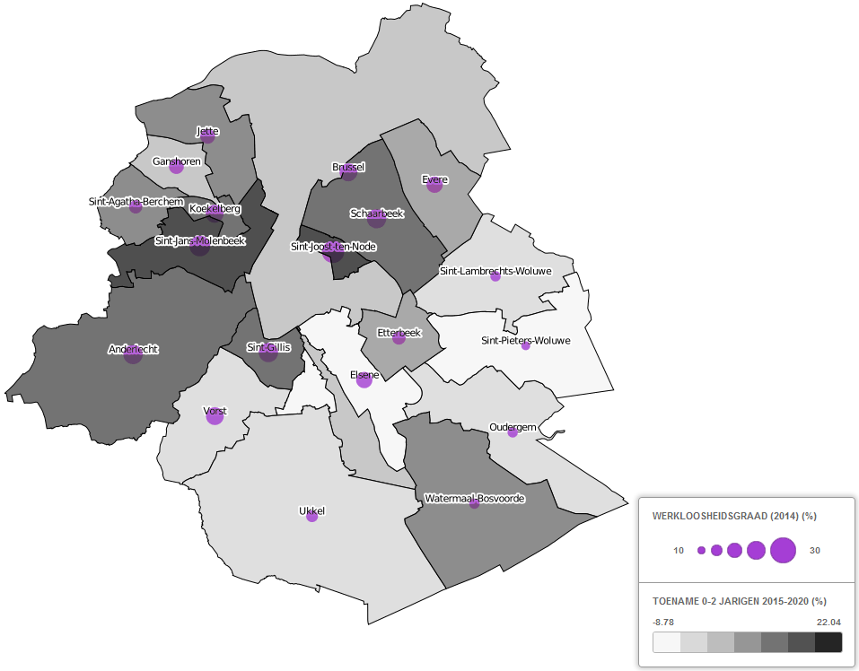 - 7 - Kaart 2: Procentuele toename 0-2 jarigen tussen 2015 en 2020 en de administratieve werkloosheidsgraad (2014) (%) in het tweetalig gebied Brussel-Hoofdstad Bronnen: BISA (2014a, 2015b), ACTIRIS