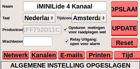 3-INSTELLEN i-minilide - Kies Tabblad «Instellen» Naam MINILIDE Productcode toegang Web Wachtwoord instelling Parametrering waarde alarm-uitgang: Contact open of