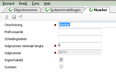 Pagina 4 van 10 Aanzetten Autonummering Wanneer de module C4-OFF-11-06 is geactiveerd kan via het menu Bestand -> Onderhoud -> Systeemtabellen->Object->Object ID generator -> Number de instellingen