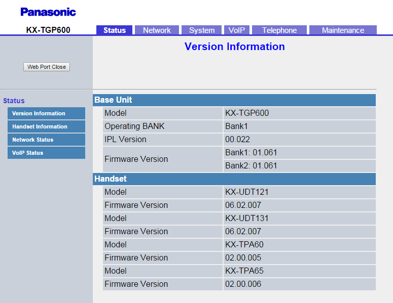 De Panasonic DECT apparatuur configureren De entreepagina verschijnt met tabblad [status] actief.