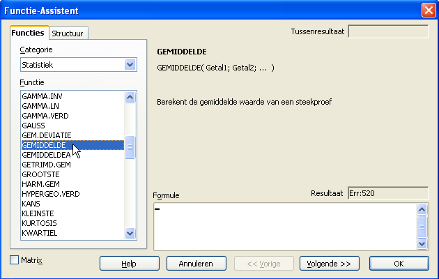 Calccursus Module 3 De functie die u nu nodig heeft zit (onder andere) in de categorie Statistiek. Een functie uitvoeren (vervolg) Kies de categorie Statistiek. Selecteer de functie GEMIDDELDE.