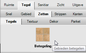 Het zetten van tegels kan ook in 3D, selecteer de gewenste tegel, kies een camerastandpunt waarmee het te betegelen vlak gezien kan worden, en klik op BETEGELING de muis