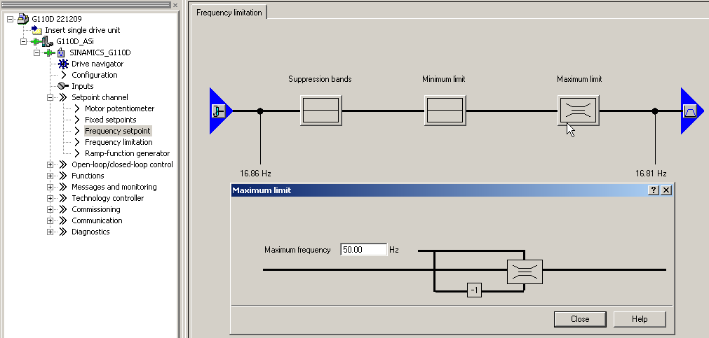 10.3.8. Diagnose van de gewenste frequentie De gewenste frequentie kan je uitlezen bij Main setpoint in Setpoint Channel Frequency setpoint.