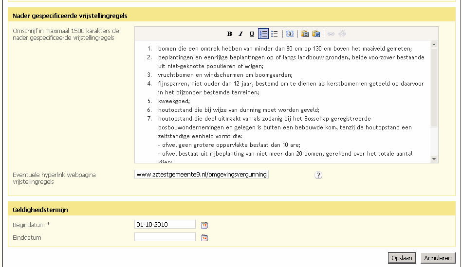 6. Als de instelling Lokale regelgeving nader gespecificeerde vrijstellingregel(s) is, vul dan ook de vrijstellingsregels in.