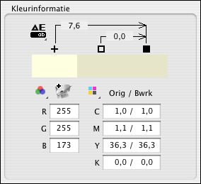 FIERY PROFILE EDITOR 66 5 Terwijl het tabblad Uitvoer (bewerkt) wordt weergegeven, kiest u het pipetgereedschap en selecteert u een van de grauwe gele vlakken en kijkt u naar de CMYK-waarden onder de