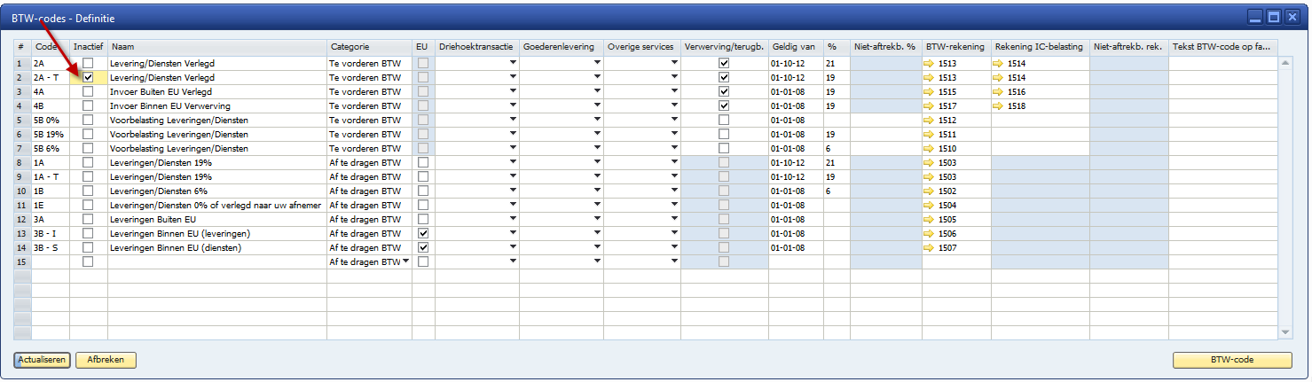 7. Tijdelijke BTW-codes inactief maken Na de overgangsperiode zijn de tijdelijke BTW-codes niet meer van toepassing.