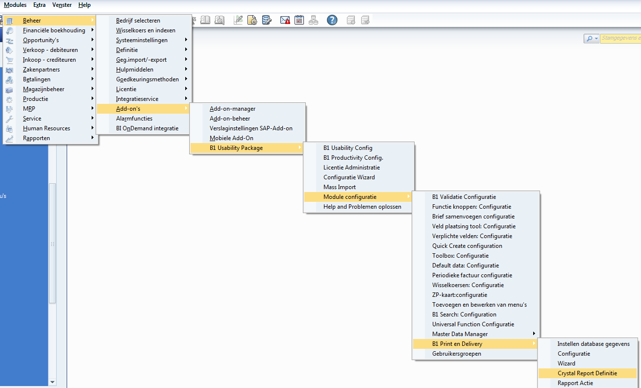 6.2 Crystal Reports Crystal Reports lay-outs kunnen via de onderstaande twee manieren worden geopend. 6.2.1 Crystal Reports i.c.m. Verslag- en lay-outbeheer.