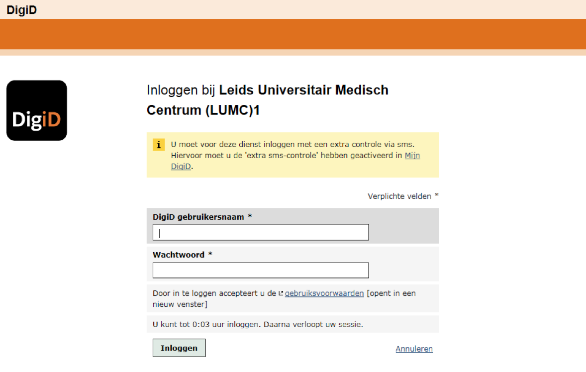 4 Inloggen en uitloggen Zorg dat u DigiD hebt met sms-functie (meer informatie staat in de Inleiding van deze handleiding). Ga naar www.lumc.nl/patientportaal.