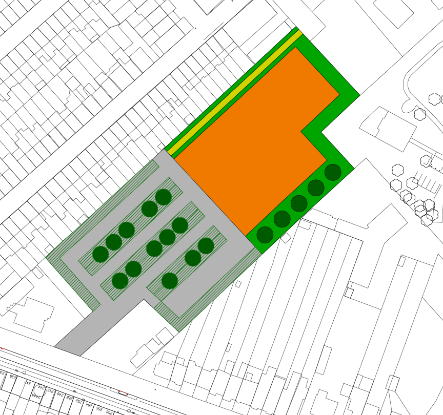 Doorgang zacht verkeer Handelsruimte Groene buffer Ingegroende parking Permanente publieke parkeerplaatsen Figuur 22: Indicatief