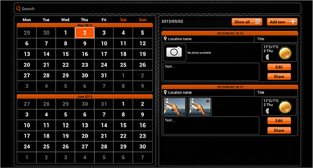 Bij 'Notities' kunt u een visserijlogboek bijhouden met aantekeningen die handig op de kalender verschijnen. Dagen met notities worden oranje aangegeven.